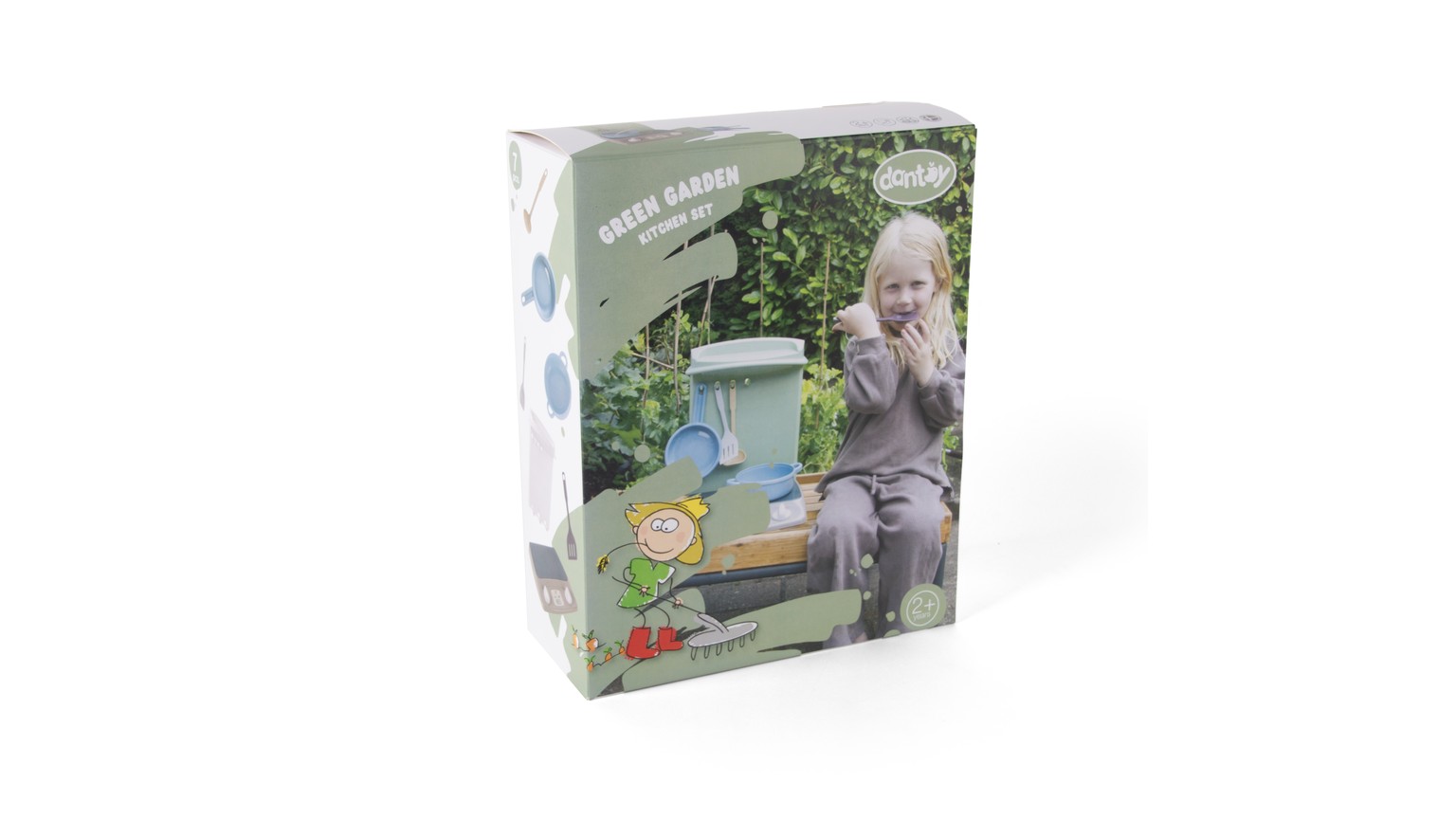 Grøn og blå køkkengaveæske med illustration på forsiden og naturlig havebaggrund.